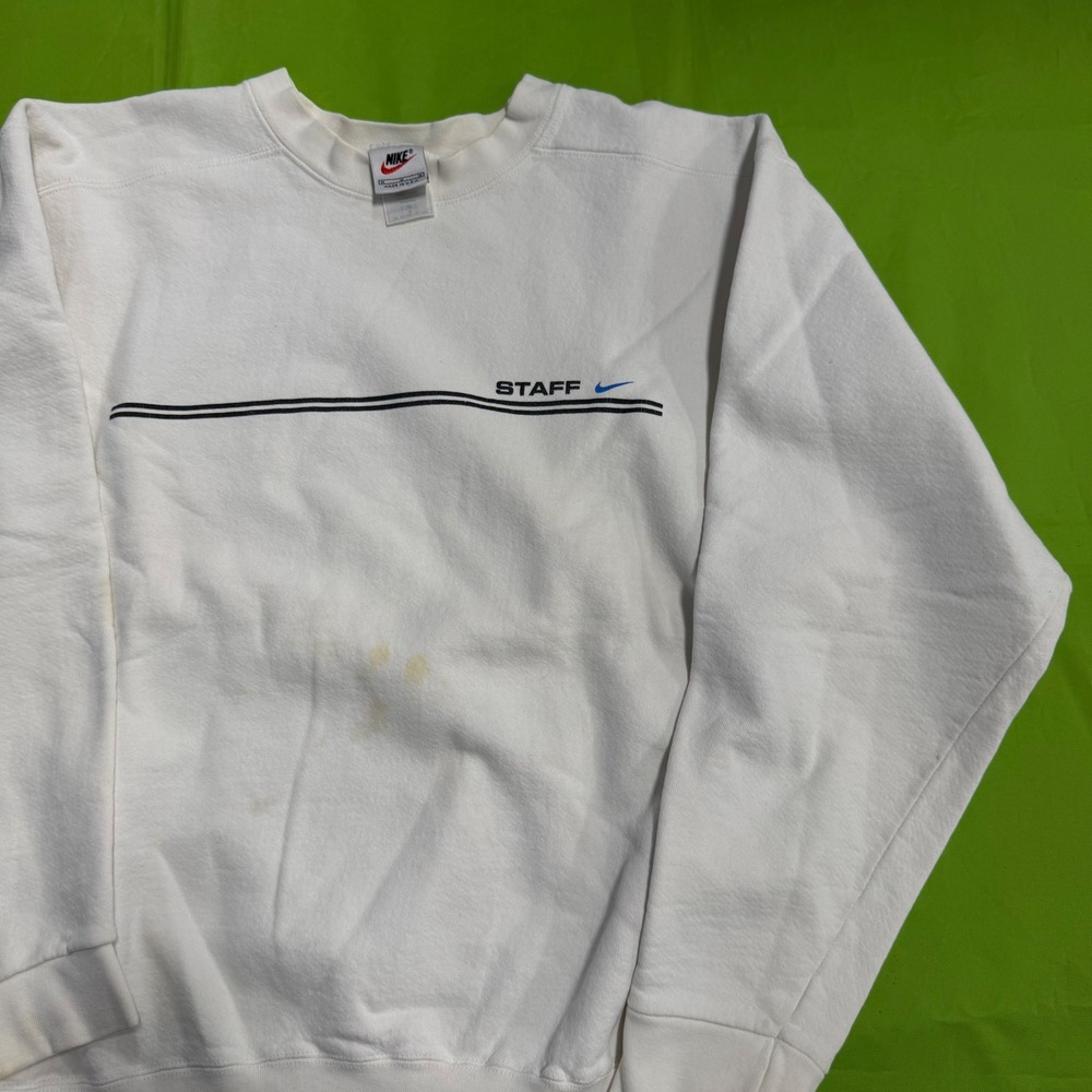 Vintage Nike‎ Staff Sweatshirt Large White Blue Swoosh Crew Neck 90s Pullover